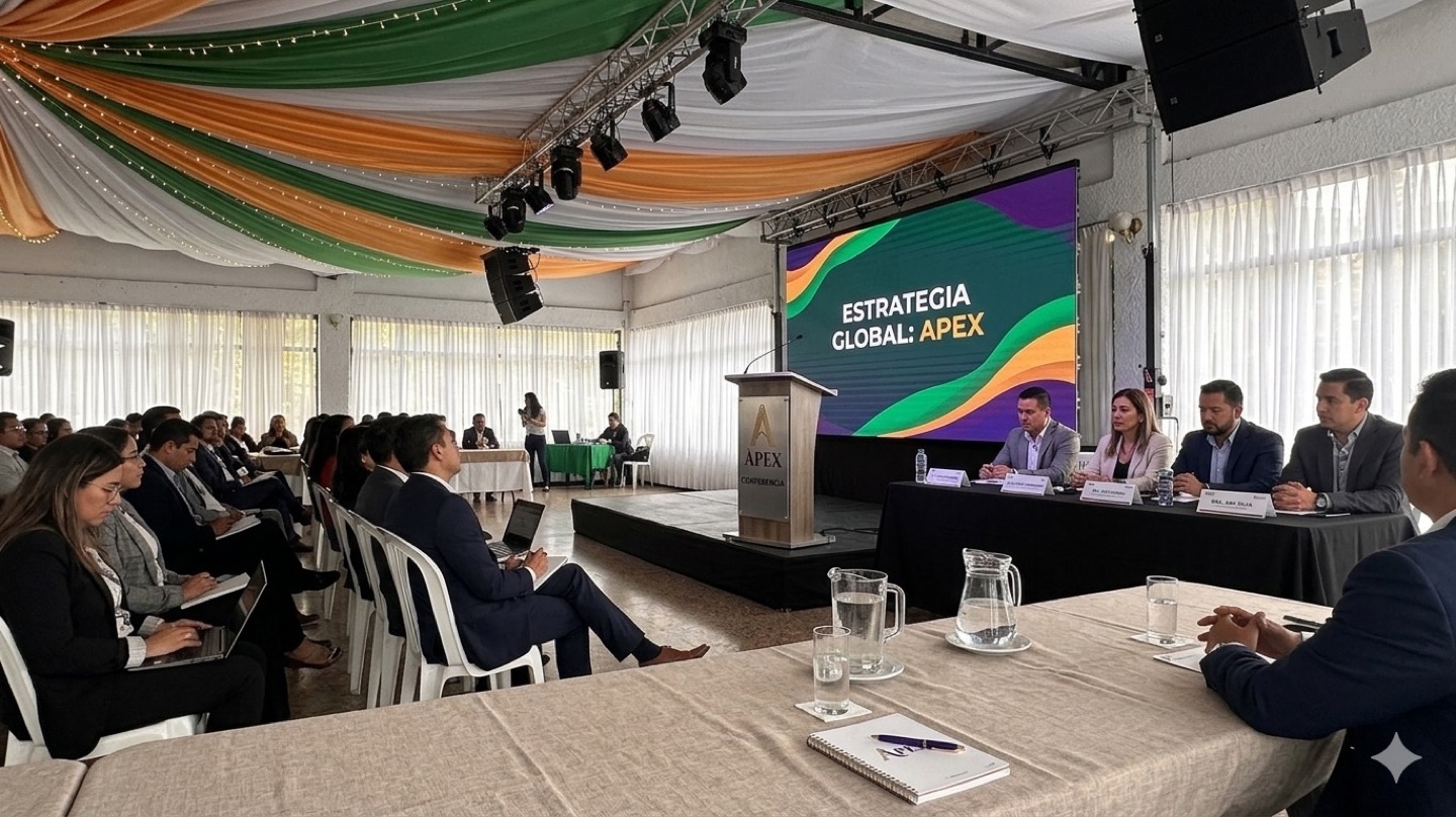 Conferencia corporativa con tarima, panelistas y pantalla de estrategia APEX
